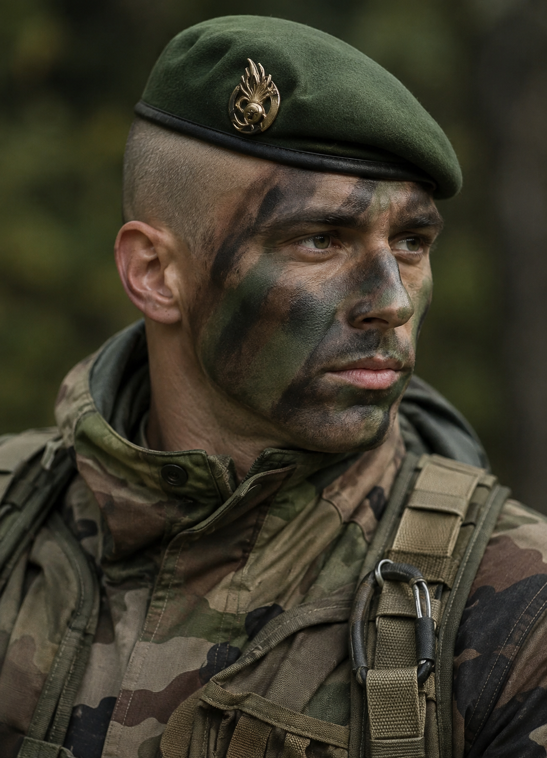 Legionario con boina verde y pintura de camuflaje, equipado con material táctico